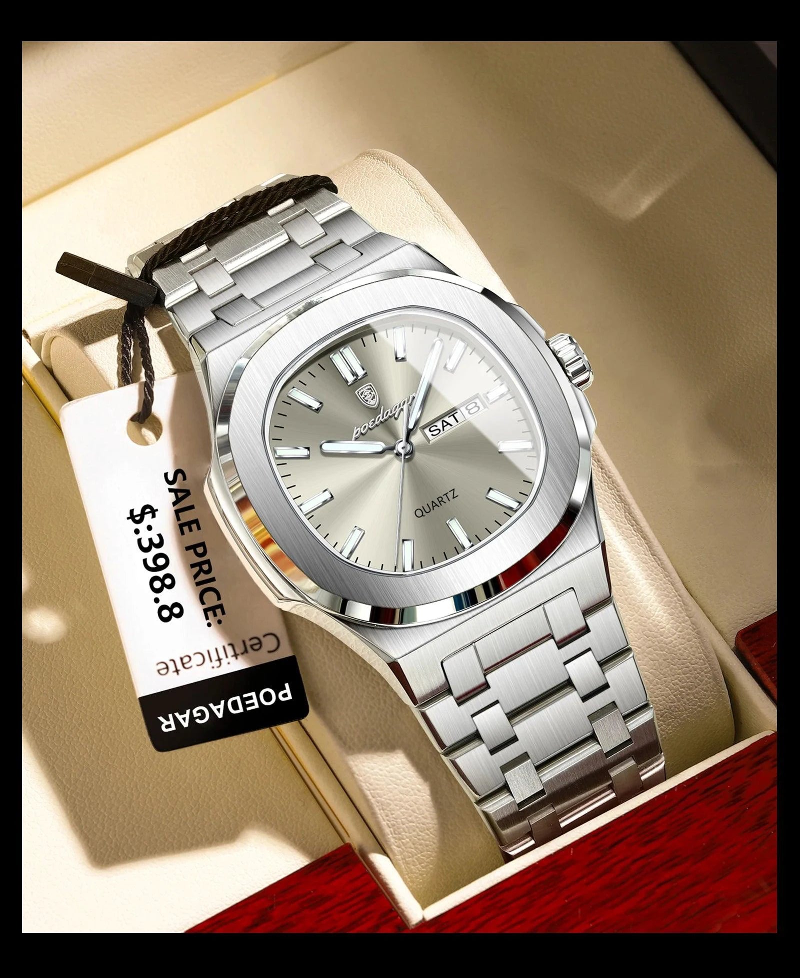 POEDAGAR Luxury Military Man Watch Square Waterproof Luminous Date Week Men Watch Stainless Steel Quartz Men's Watches Reloj+box - MANDOTOS