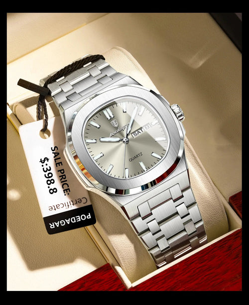 Mandotos POEDAGAR military square men's watch with stainless steel case, luminous dial, waterproof, date, week display, quartz movement.