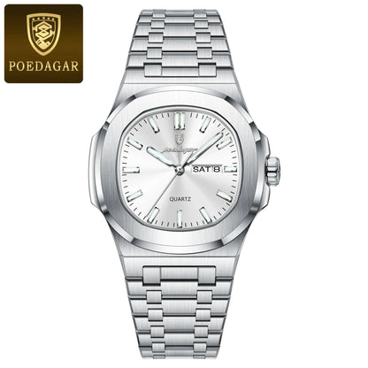 POEDAGAR Luxury Military Man Watch Square Waterproof Luminous Date Week Men Watch Stainless Steel Quartz Men's Watches Reloj+box - MANDOTOS