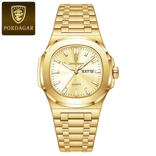 Mandotos POEDAGAR men's military square watch with stainless steel band, waterproof, luminous dial, date, and week display.