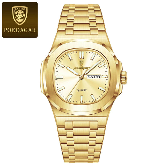 Mandotos POEDAGAR men's military square watch with stainless steel band, waterproof, luminous dial, date, and week display.