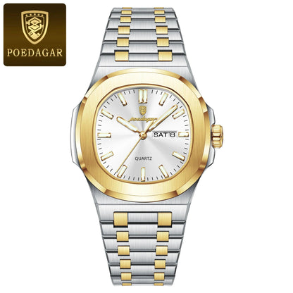 POEDAGAR Luxury Military Man Watch Square Waterproof Luminous Date Week Men Watch Stainless Steel Quartz Men's Watches Reloj+box - MANDOTOS