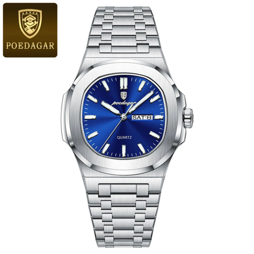 Mandotos POEDAGAR military square men's watch with stainless steel case, luminous dial, date, week display, and waterproof quartz movement.