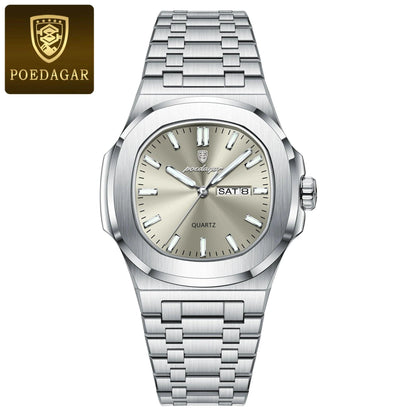 POEDAGAR Luxury Military Man Watch Square Waterproof Luminous Date Week Men Watch Stainless Steel Quartz Men's Watches Reloj+box - MANDOTOS