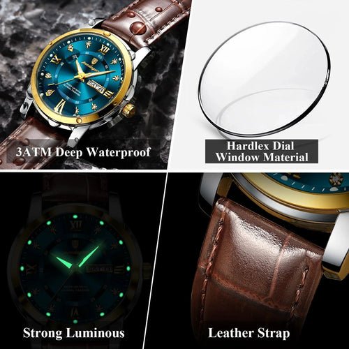 Mandotos POEDAGAR waterproof leather men's quartz watch with black dial and silver case, stylish and durable timepiece.