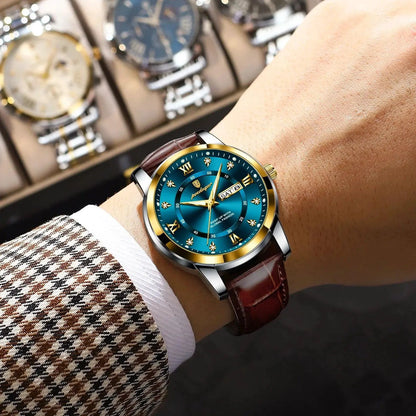 POEDAGAR Luxury Men's Quartz Watch - Waterproof, Luminous, Date Display, High-Quality Leather Strap, Sporty Design - MANDOTOS