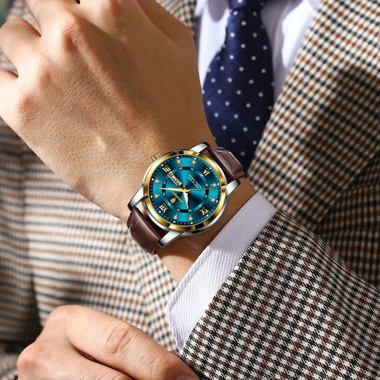 Mandotos POEDAGAR waterproof leather men's quartz watch with black dial and silver case, stylish and durable accessory.