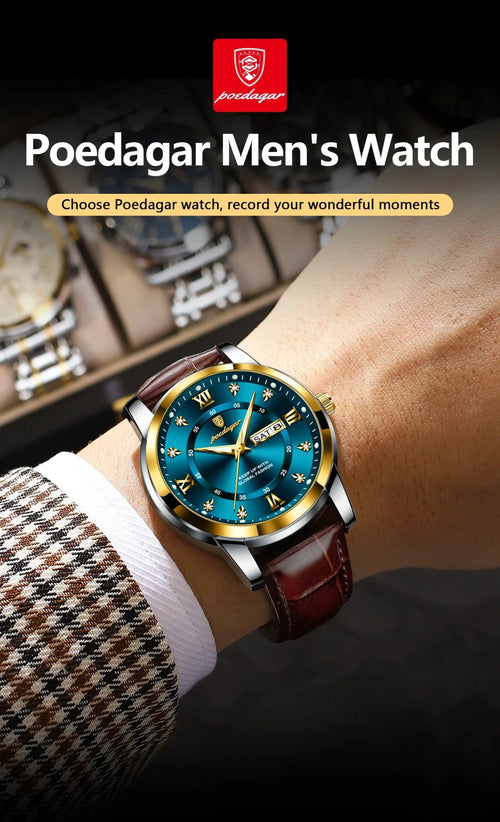 Mandotos POEDAGAR waterproof leather men's quartz watch showing a black dial and brown leather strap.
