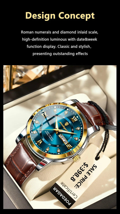 POEDAGAR Luxury Men's Quartz Watch - Waterproof, Luminous, Date Display, High-Quality Leather Strap, Sporty Design - MANDOTOS