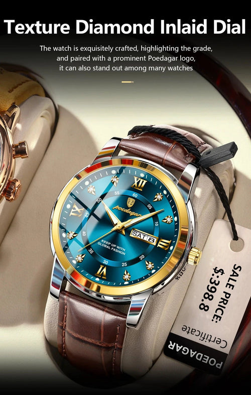 Mandotos POEDAGAR waterproof leather men's quartz watch with black dial and silver case, stylish and durable for everyday wear.