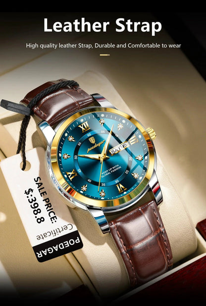 POEDAGAR Luxury Men's Quartz Watch - Waterproof, Luminous, Date Display, High-Quality Leather Strap, Sporty Design - MANDOTOS
