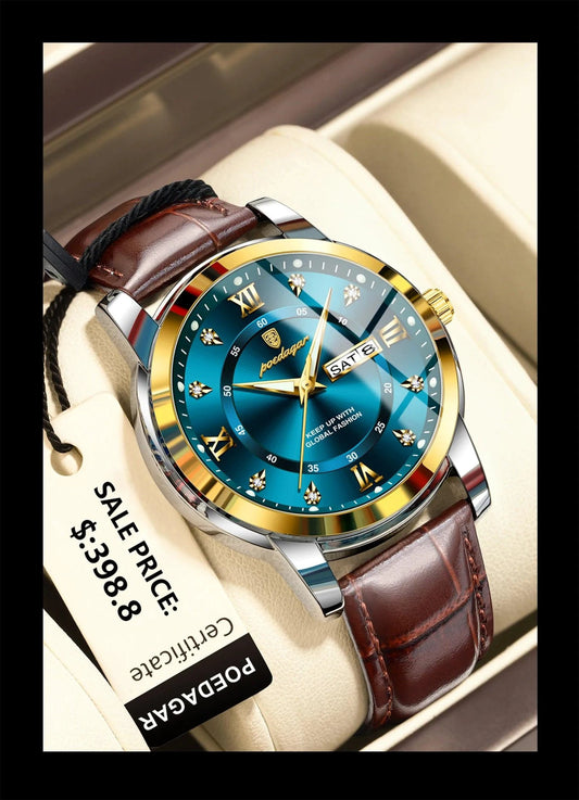 Mandotos POEDAGAR waterproof leather men's quartz watch with black dial and silver case, featuring a classic design.