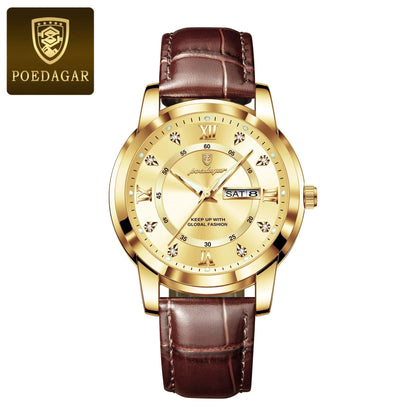 POEDAGAR Luxury Men's Quartz Watch - Waterproof, Luminous, Date Display, High-Quality Leather Strap, Sporty Design - MANDOTOS