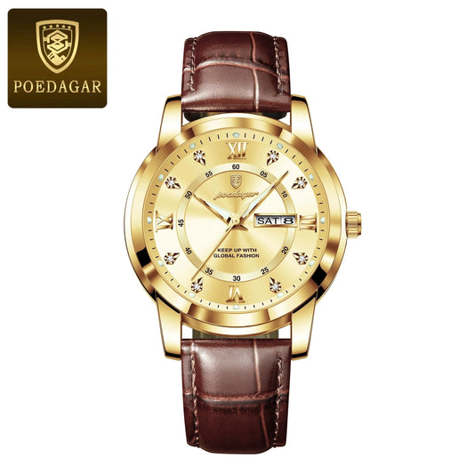 Mandotos POEDAGAR waterproof leather men's quartz watch with black dial and silver case, styled for casual or formal wear.