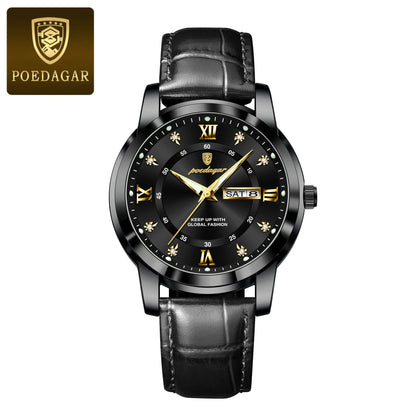 POEDAGAR Luxury Men's Quartz Watch - Waterproof, Luminous, Date Display, High-Quality Leather Strap, Sporty Design - MANDOTOS