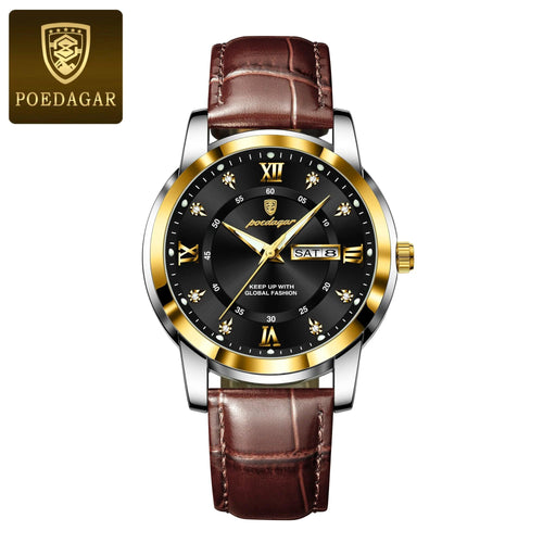 Mandotos POEDAGAR waterproof leather men's quartz watch with black dial and silver case, stylish and durable timepiece.