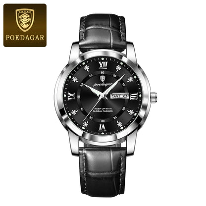 POEDAGAR Luxury Men's Quartz Watch - Waterproof, Luminous, Date Display, High-Quality Leather Strap, Sporty Design - MANDOTOS