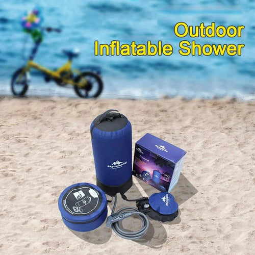 Mandotos portable outdoor shower kit with showerhead, hose, and stand for camping, travel, or outdoor use.