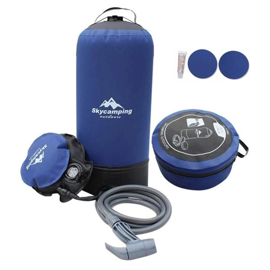 Portable outdoor shower kit by MANDOTOS with a showerhead, hose, and water control for convenient outdoor bathing.