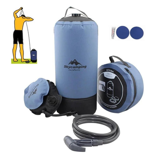 Mandotos portable outdoor shower kit with showerhead, hose, and adjustable nozzle for camping or outdoor use.