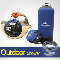Mandotos portable outdoor shower kit with showerhead, hose, and accessories for camping and outdoor use.
