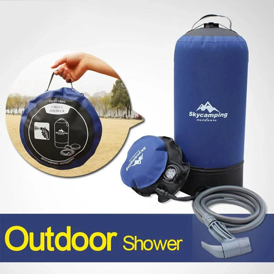 Mandotos portable outdoor shower kit with showerhead, hose, and accessories for camping and outdoor use.