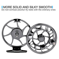 Mandotos Precision Fly Caster Reel with black metal body and handle, designed for smooth fly fishing casting.