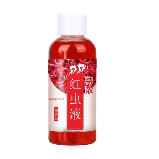 Mandotos Premium Red Worm Fishing Liquid, a carp bait enhancer with vibrant red color and liquid texture for fishing success.
