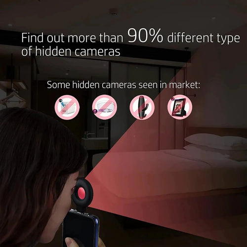 Mandotos PrivacyGuard camera detector showing handheld device used to scan for hidden cameras and protect privacy.