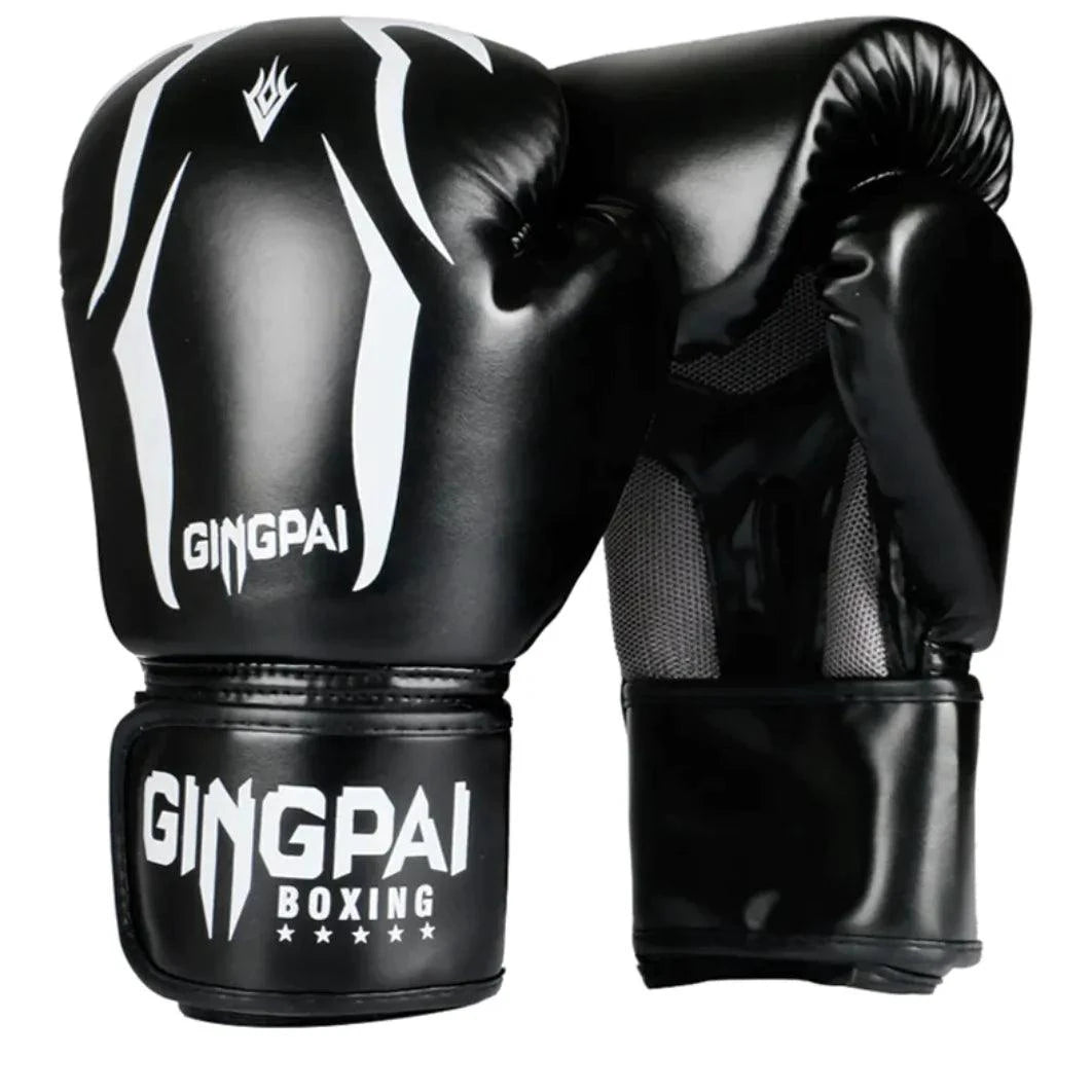 Mandotos Pro Punch adult boxing gloves in black with red accents, featuring padded wrist support for training and competition.