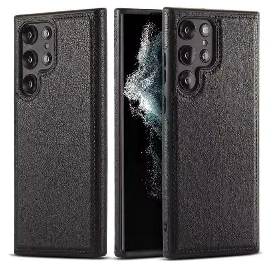 Mandotos PU leather phone case in black, featuring a slim design with precise cutouts for buttons and camera.