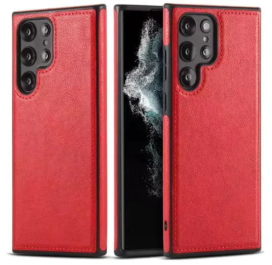 Mandotos PU leather phone case in black with card slots and magnetic closure, designed for iPhone models.