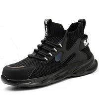 Mandotos puncture-proof work shoes with protective steel toe caps and slip-resistant soles, designed for safety and durability.