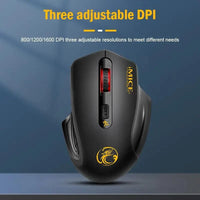 Mandotos QuietFlex wireless mouse with ergonomic design, black body, and scroll wheel, suitable for comfortable computer use.
