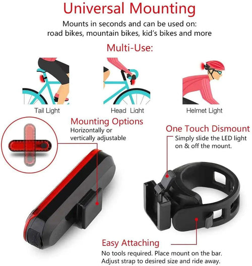 Mandotos rear bike tail light with USB recharge, bright red LED, easy to install for cycling safety on bicycles