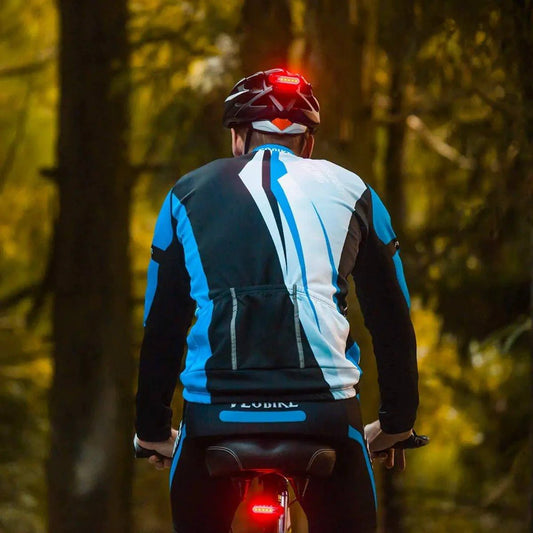 Mandotos rear bike tail light with red ultra-bright LEDs, USB rechargeable, easy to install for cycling safety.