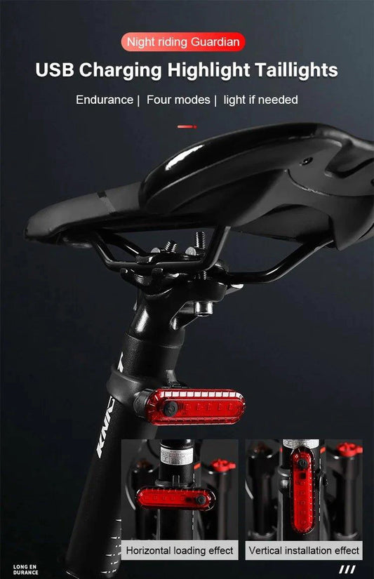 Mandotos USB rechargeable rear bike tail light in red, ultra-bright, easy to install for cycling safety on bicycles.