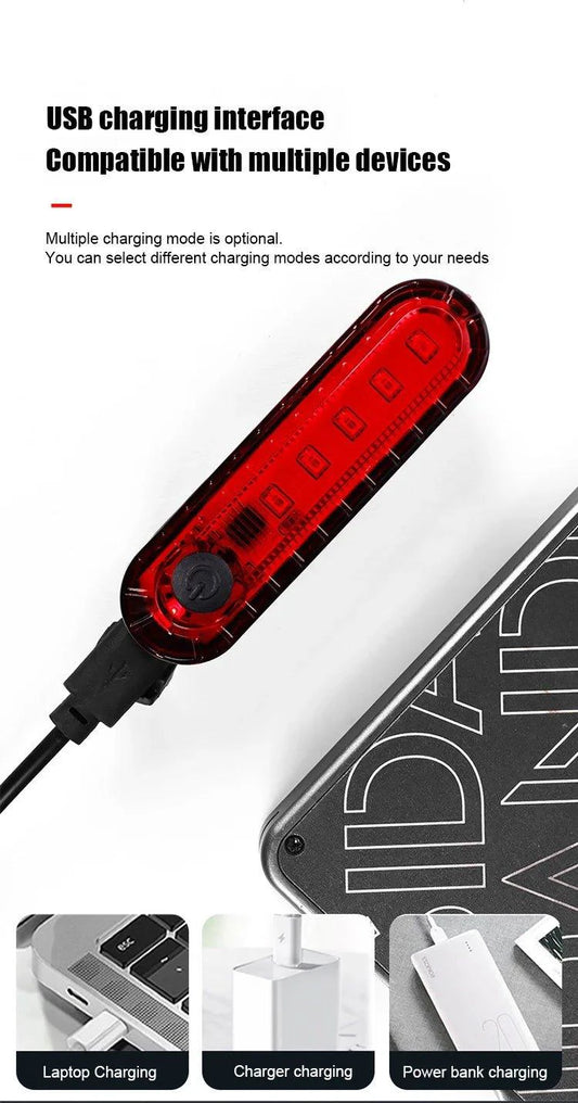 Mandotos rear bike tail light with USB recharge, bright red LED, easy to install on bicycle for cycling safety and visibility.