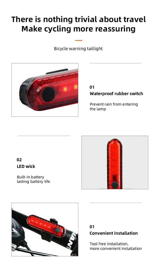 Mandotos rear bike tail light, USB rechargeable, bright red LED taillight, easy to install for cycling safety on bicycles.