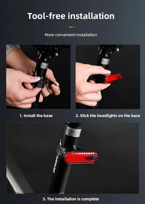 Mandotos USB rechargeable red rear bike tail light with ultra-bright LEDs, easy to install for cycling safety on bicycles.