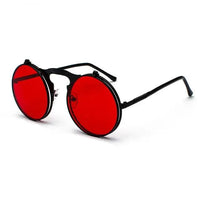 Mandotos retro flip steampunk sunglasses with metallic frames and tinted lenses, vintage-inspired eyewear design.