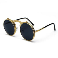 Retro flip steampunk shades by MANDOTOS featuring vintage-inspired metal frames and tinted lenses.