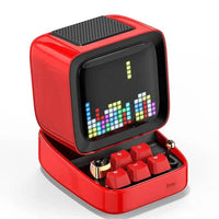 Mandotos retro pixel art Bluetooth speaker and alarm clock with colorful pixel design and digital display.