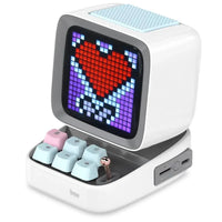 Mandotos retro pixel art Bluetooth speaker with alarm clock displaying colorful pixel design and control buttons.