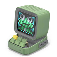 Mandotos retro pixel art Bluetooth speaker and alarm clock with colorful pixel design and digital display.