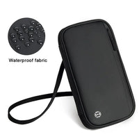 Mandotos RFID safe travel pouch with multiple compartments for secure passport, cards, and cash storage.