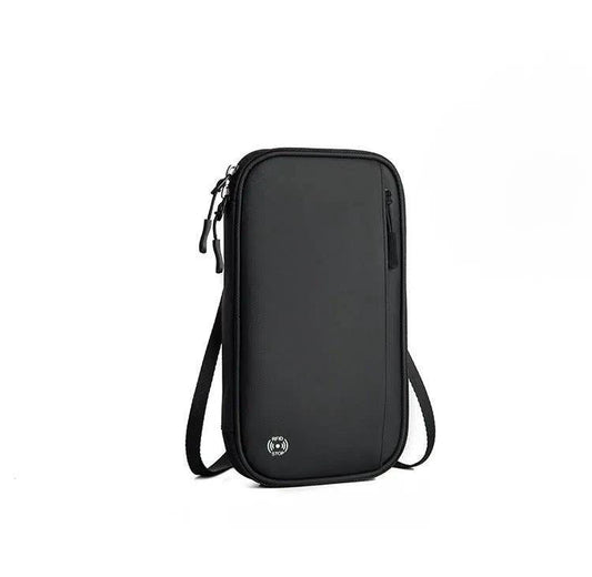 Mandotos RFID safe travel pouch with multiple compartments for secure passport and card storage, compact and durable design.
