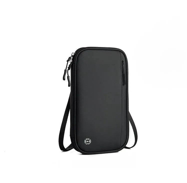 Mandotos RFID safe travel pouch with multiple compartments for secure passport and card storage, compact and durable design.