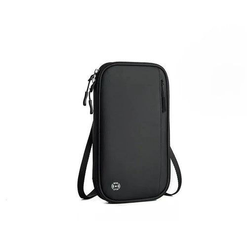 Mandotos RFID safe travel pouch with multiple compartments and secure zipper closure, designed for secure passport and card storage.