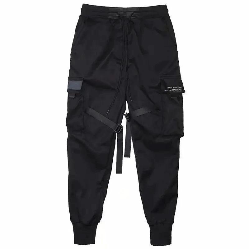 Mandotos Ribbons Harem Joggers for men, cargo streetwear pants with pockets, cotton fabric, hip-hop casual style.